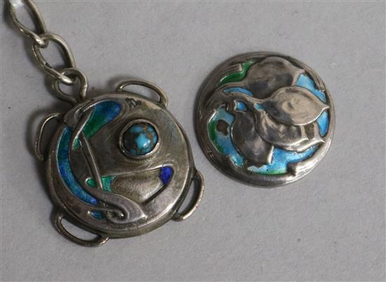 An Edwardian Art Nouveau Liberty & Co silver, enamel and turquoise pendant, Birmingham, 1906 and a button